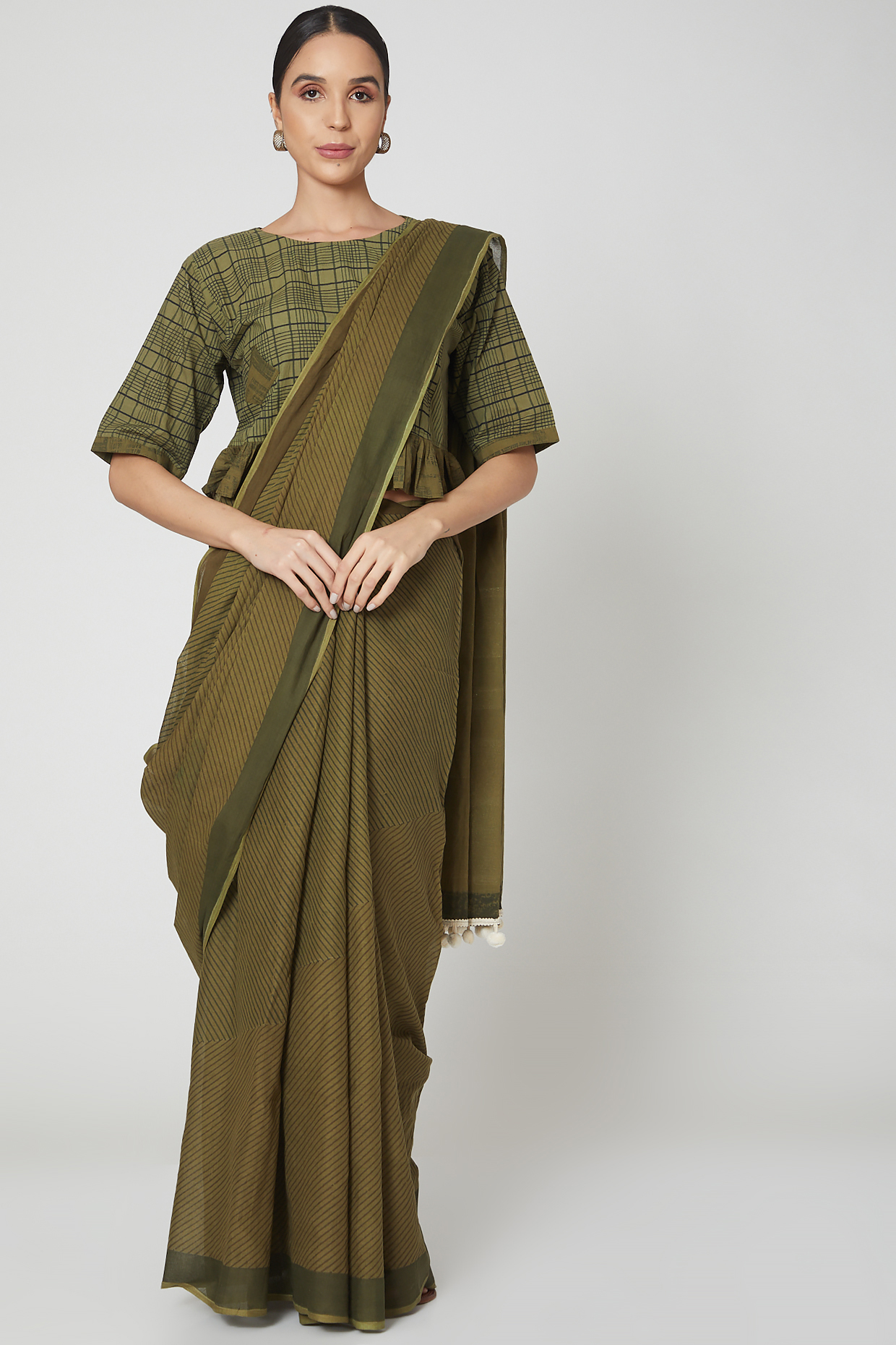 Green Cotton Hand Block Printed Festive Saree Set by BANANA Labs at Pernia's Pop Up Shop