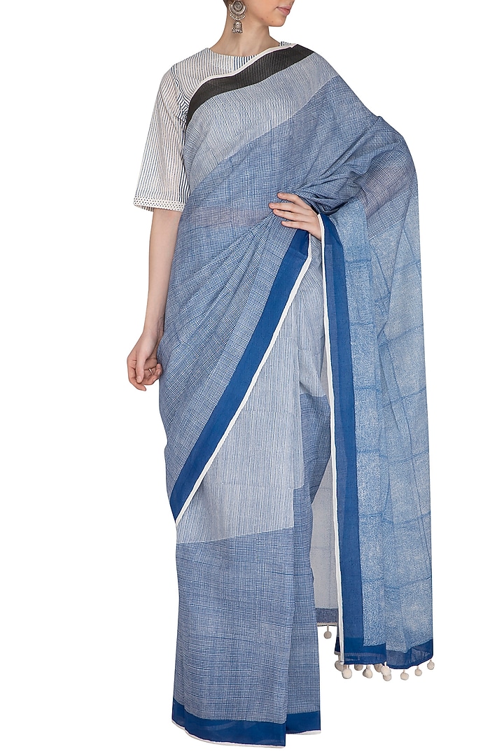 Indigo Block Printed Cotton Saree by BANANA Labs at Pernia's Pop Up Shop