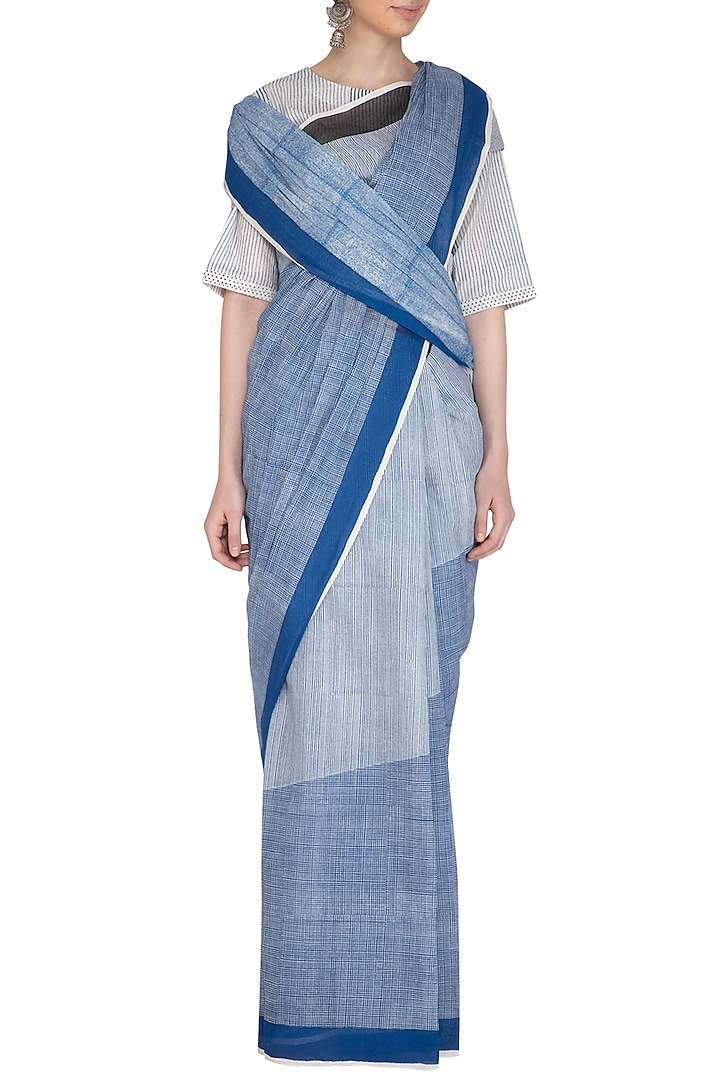 Indigo Block Printed Cotton Saree by BANANA Labs at Pernia's Pop Up Shop