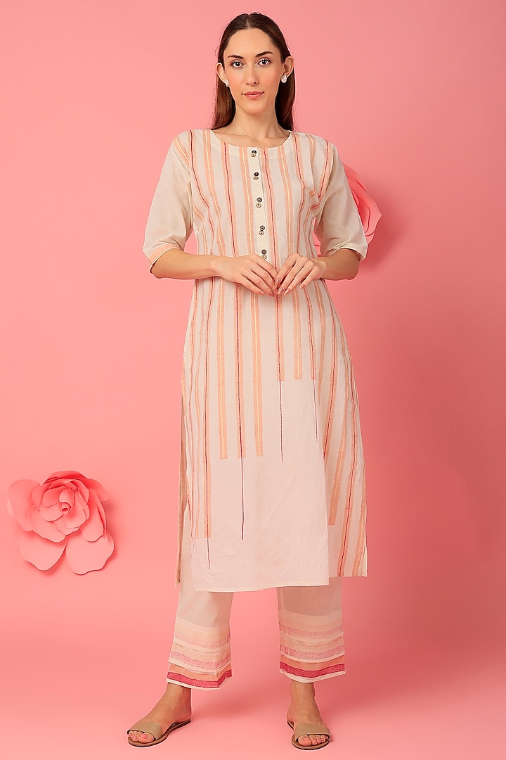 Pink & White Cotton Hand Block Printed Kurta Set by BANANA Labs