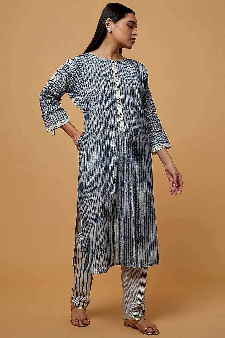 Blue Cotton Hand Block Printed Kurta Set by BANANA Labs