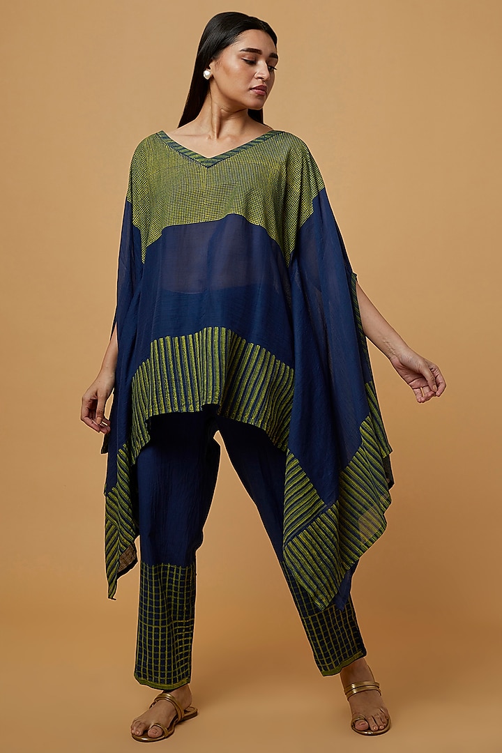 Blue & Olive Cotton Hand Block Printed Kaftan Set by BANANA Labs at Pernia's Pop Up Shop