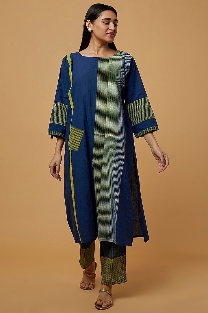 Indigo Blue & Olive Cotton Hand Block Printed Kurta Set by BANANA Labs at Pernia's Pop Up Shop