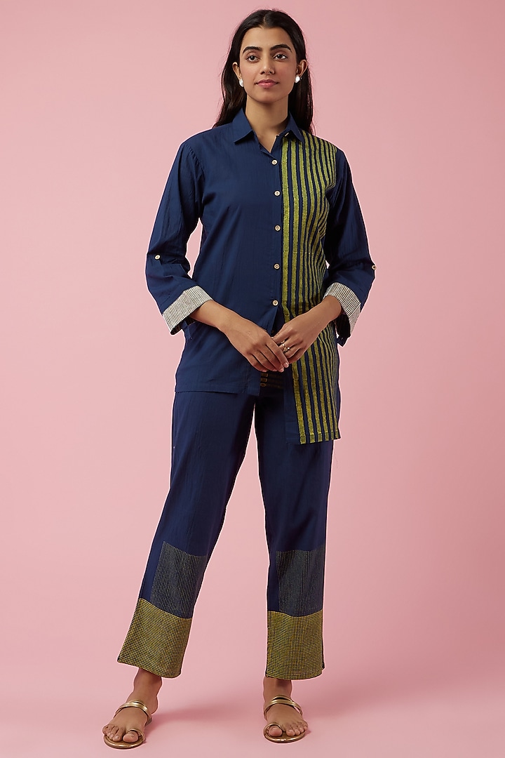 Navy Blue & Olive Hand Block Printed Co-Ord Set by BANANA Labs