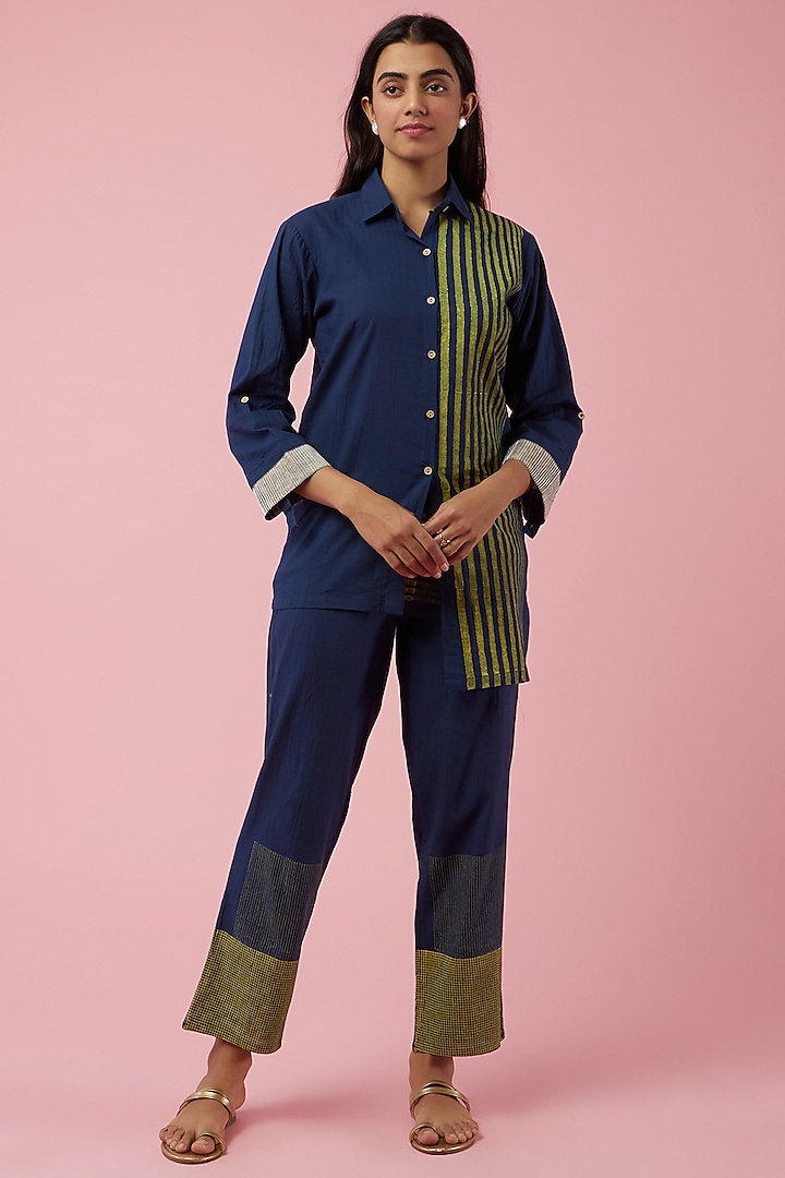 Navy Blue & Olive Hand Block Printed Co-Ord Set by BANANA Labs at Pernia's Pop Up Shop