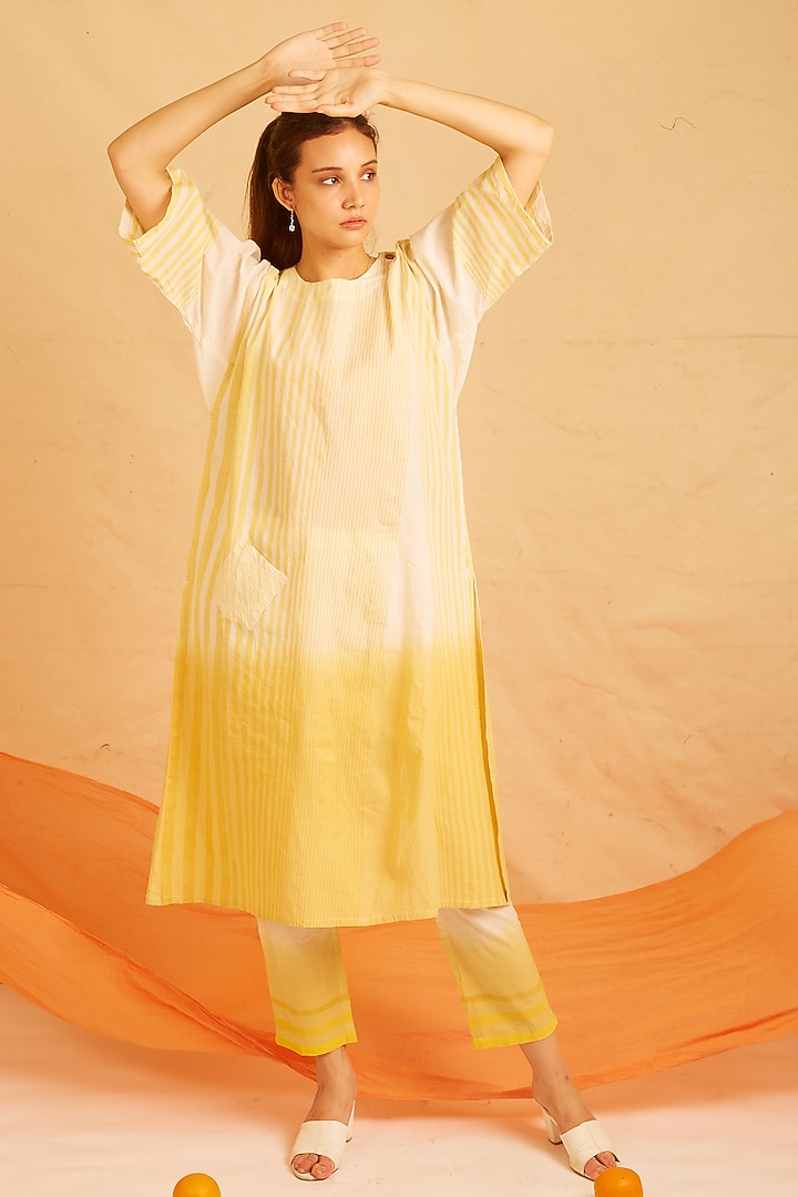 White & Yellow Cotton Printed Kurta Set by BANANA Labs at Pernia's Pop Up Shop