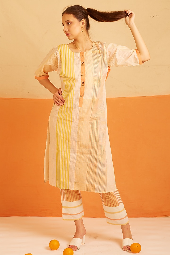White & Orange Cotton Printed Kurta Set by BANANA Labs at Pernia's Pop Up Shop