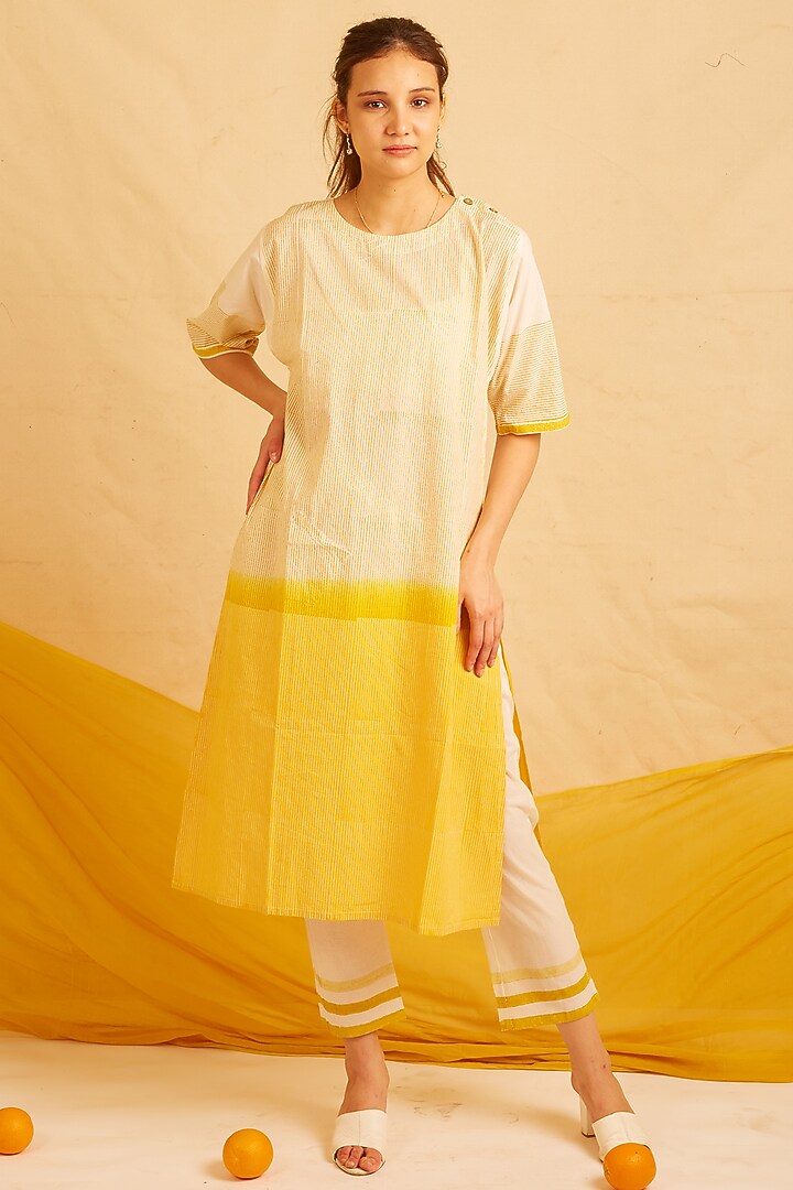 White & Yellow Cotton Printed Kurta Set by BANANA Labs at Pernia's Pop Up Shop