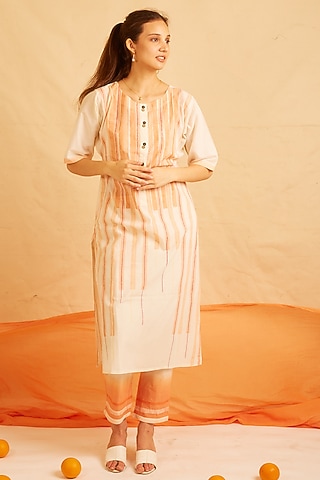 White & Orange Cotton Printed Kurta Set by BANANA Labs