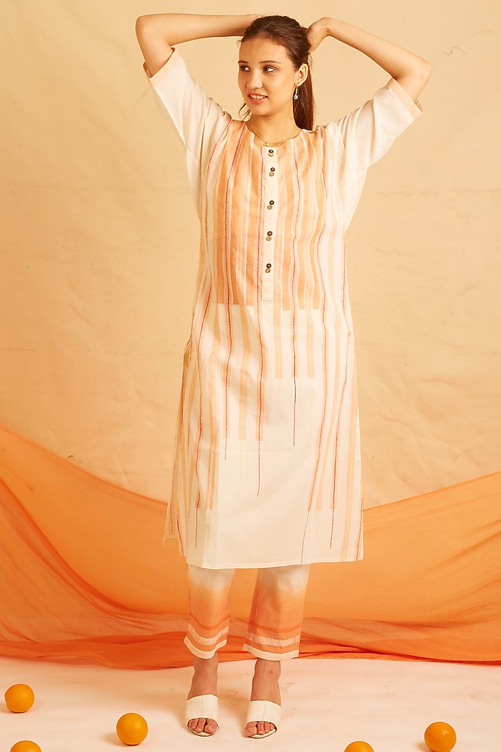 White & Orange Cotton Printed Kurta Set by BANANA Labs at Pernia's Pop Up Shop