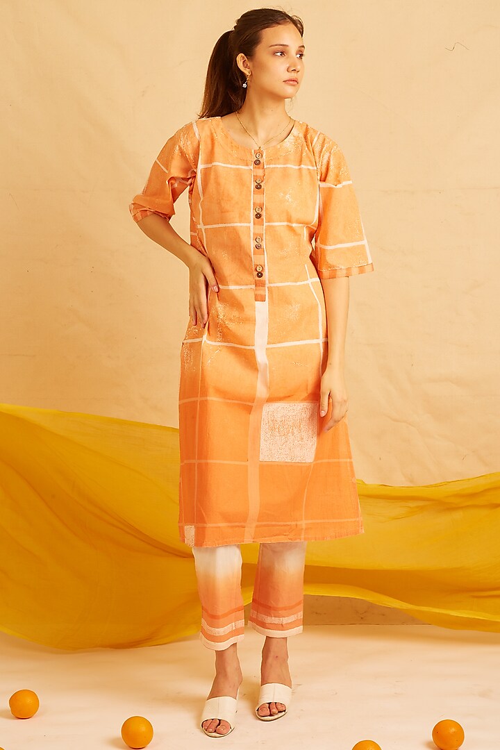 White & Orange Cotton Printed Kurta Set by BANANA Labs