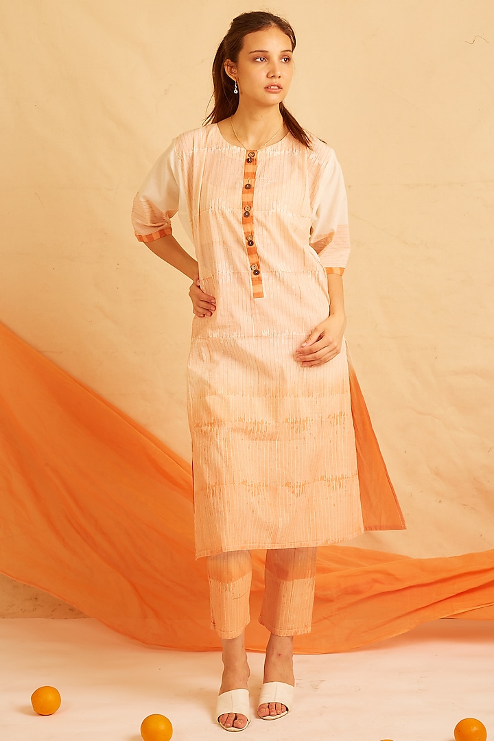 White & Orange Cotton Printed Kurta Set by BANANA Labs