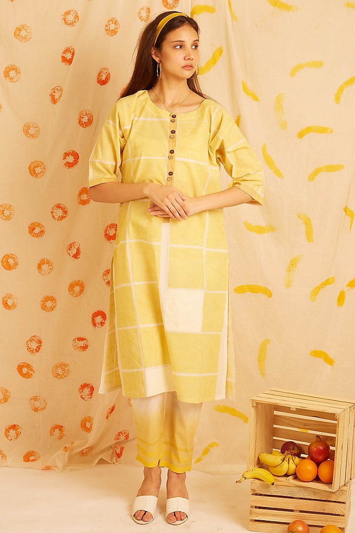 Yellow & White Cotton Printed Kurta Set by BANANA Labs