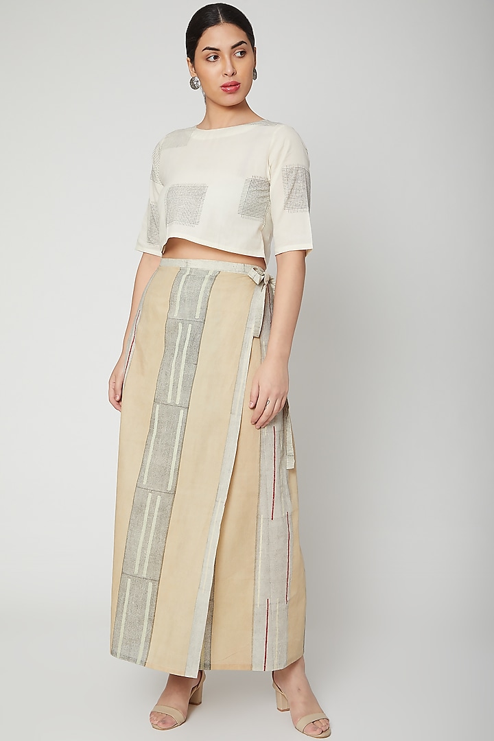White & Black Block Printed Wrap Skirt by Silk Waves