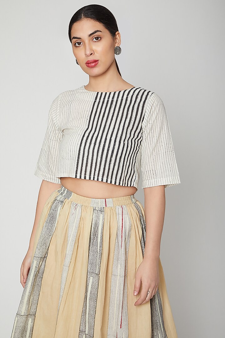 White & Black Block Printed Crop Top by BANANA Labs at Pernia's Pop Up Shop