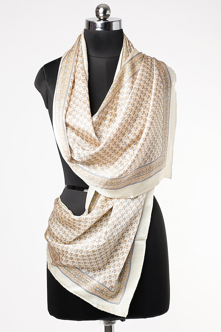 Off White Hand Block Printed Scarf by Silk Waves