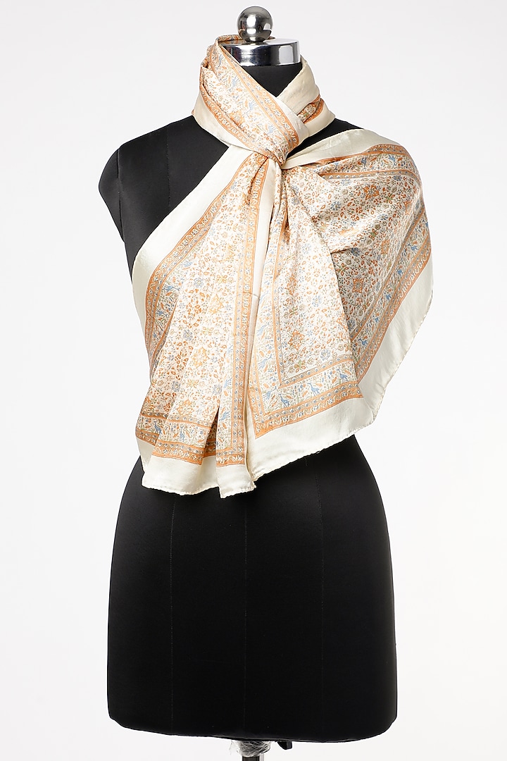 Off White Block Printed Scarf by Silk Waves