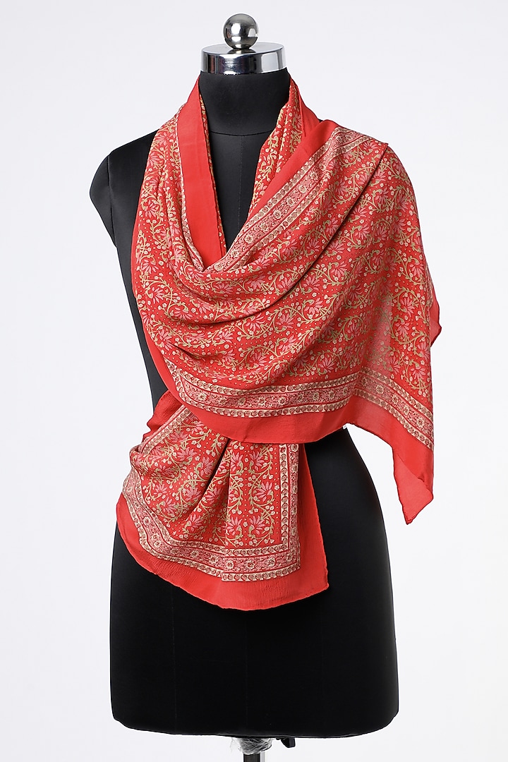 Red Crepe Hand Block Printed Scarf by BANANA Labs