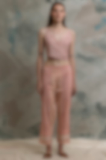 White & Pink Cotton Block Printed Pants by BANANA Labs at Pernia's Pop Up Shop