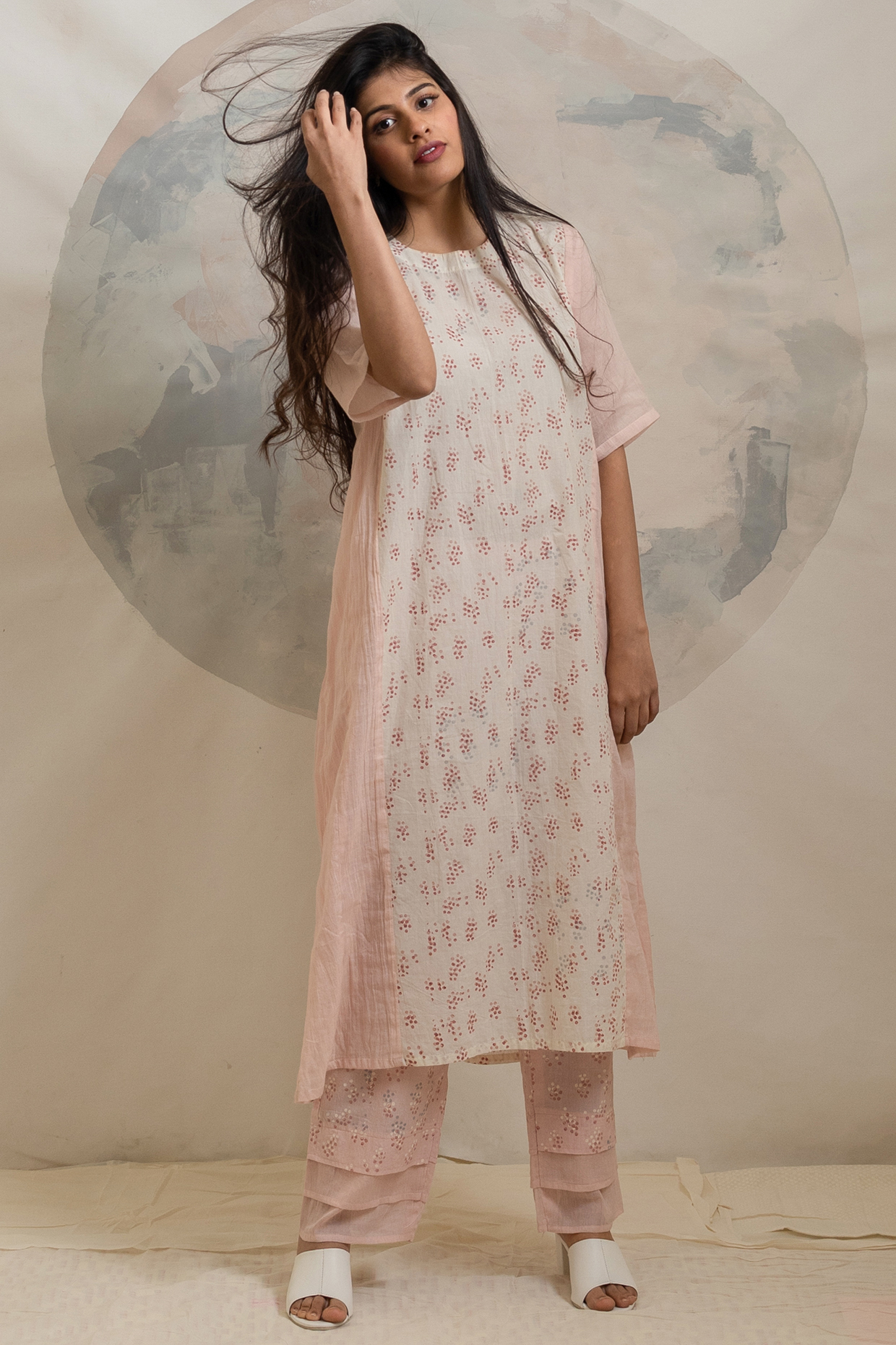 White & Pink Block Printed Kurta Set by BANANA Labs at Pernia's Pop Up Shop