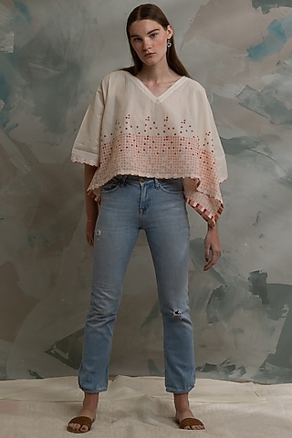White Cotton Printed Kaftan Top by BANANA Labs