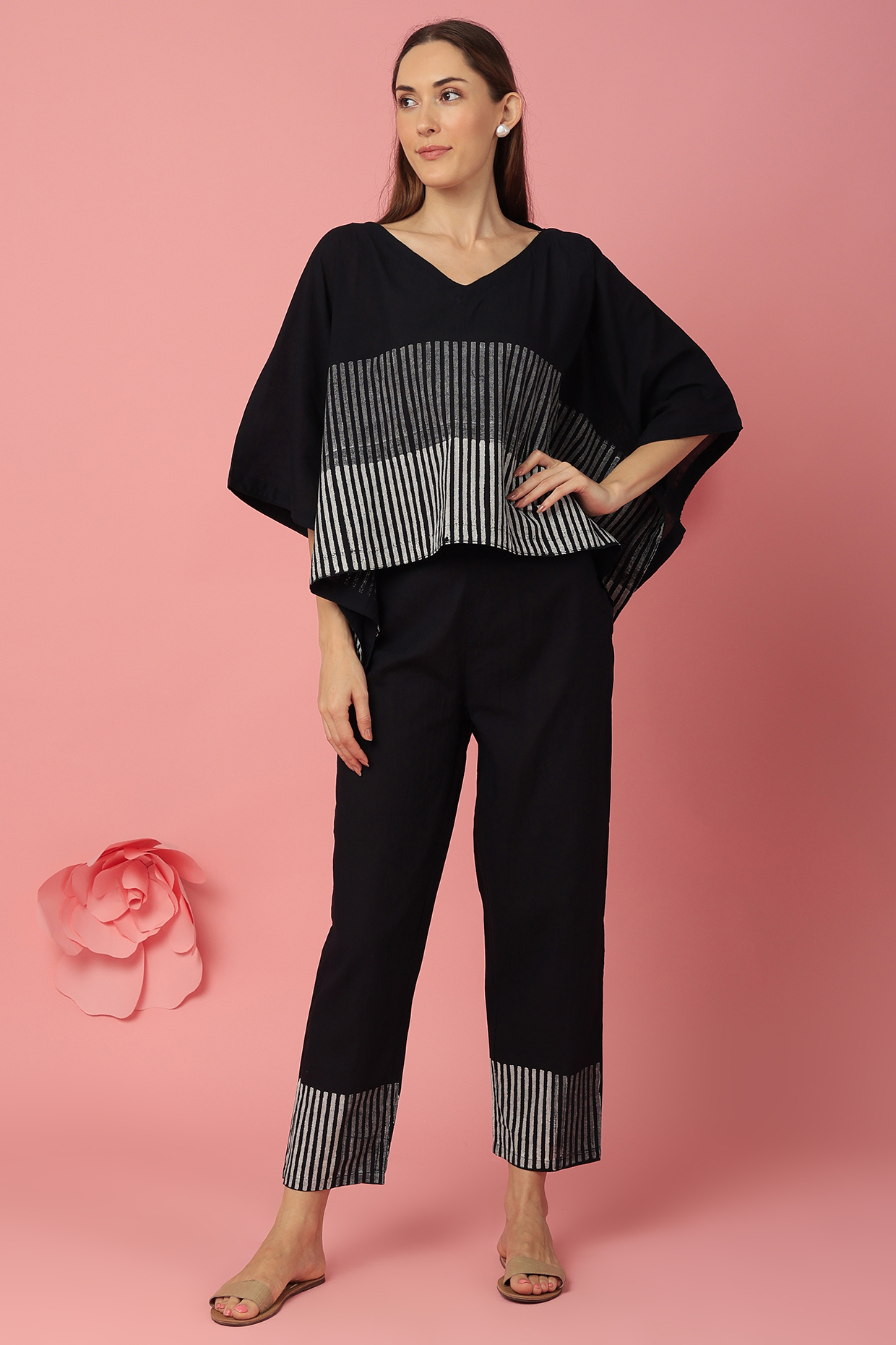 Black Printed Stripes Co-Ord Set by BANANA Labs at Pernia's Pop Up Shop