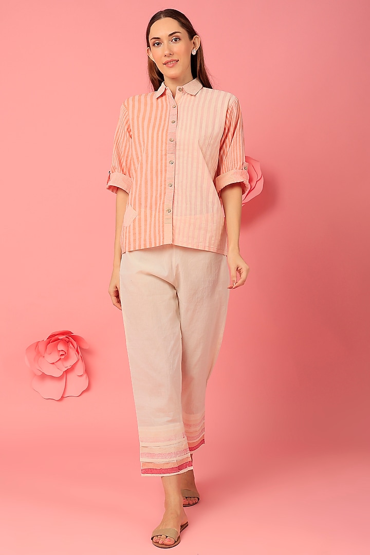 Blush Pink Geometric Stripes Printed Shirt by Silkwaves