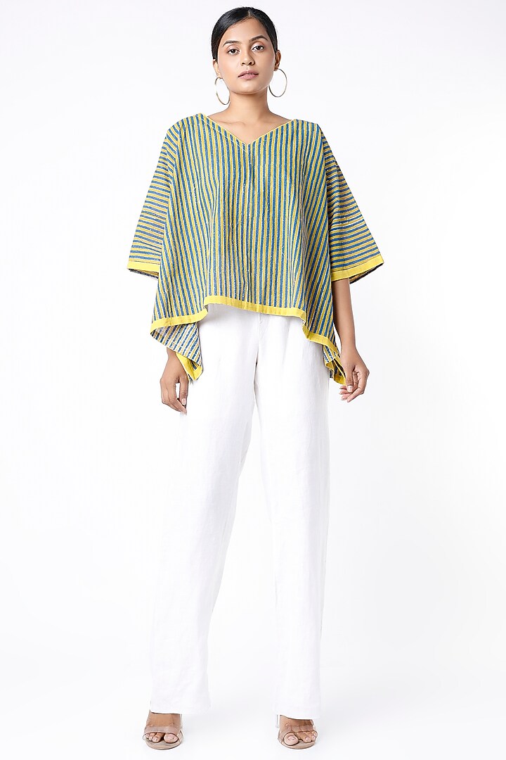 Green Hand Block Printed Kaftan Top by BANANA Labs at Pernia's Pop Up Shop