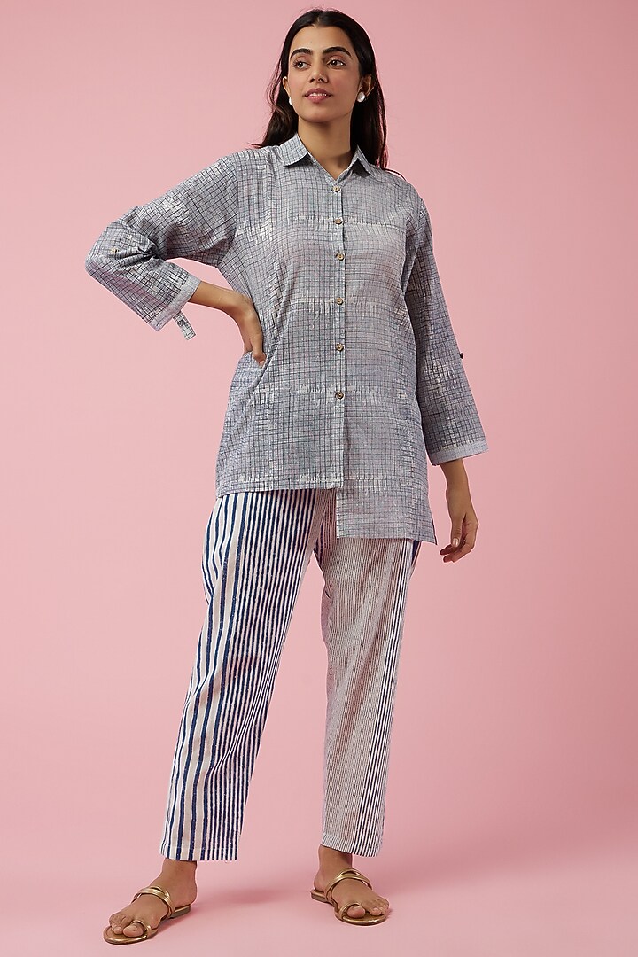 Blue Block Printed Pants Set by BANANA Labs at Pernia's Pop Up Shop