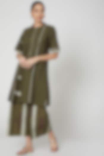 Olive Green Hand Block Printed Palazzo Set by BANANA Labs at Pernia's Pop Up Shop