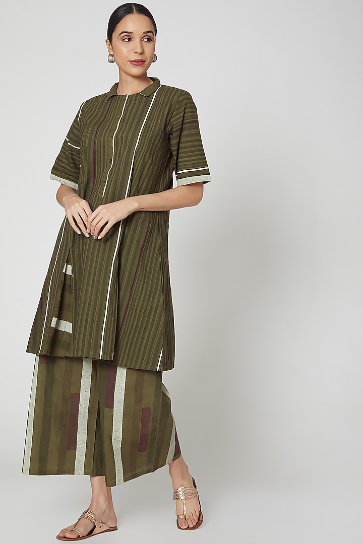 Olive Green Hand Block Printed Palazzo Set by BANANA Labs at Pernia's Pop Up Shop
