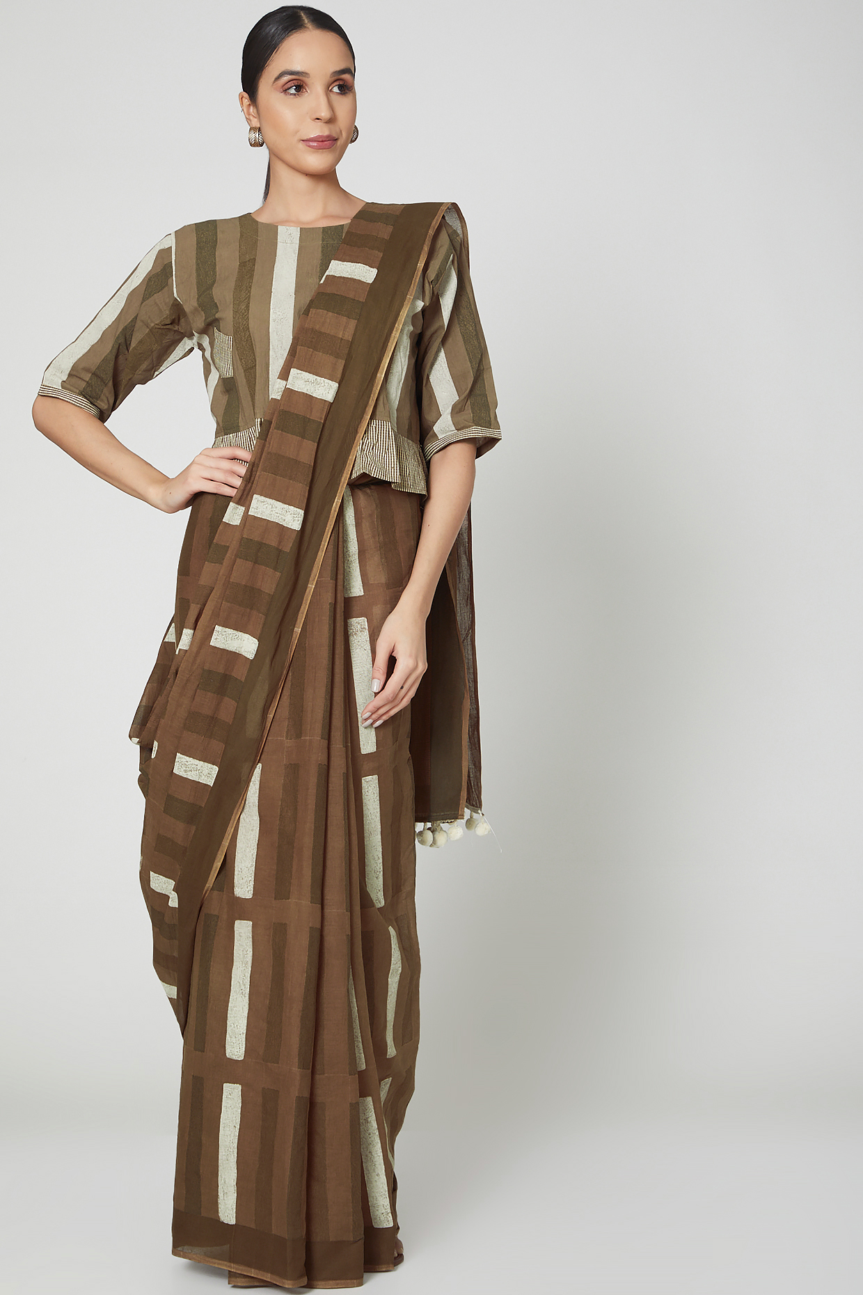 Brown Cotton Geometric Hand Block Printed Festive Saree Set by BANANA Labs at Pernia's Pop Up Shop