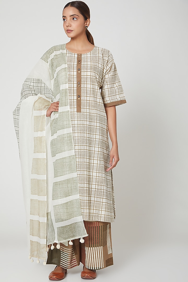 White & Brown Cotton Printed Kurta Set by BANANA Labs at Pernia's Pop Up Shop