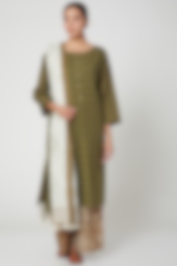 Olive Green & Brown Printed Kurta Set by BANANA Labs at Pernia's Pop Up Shop