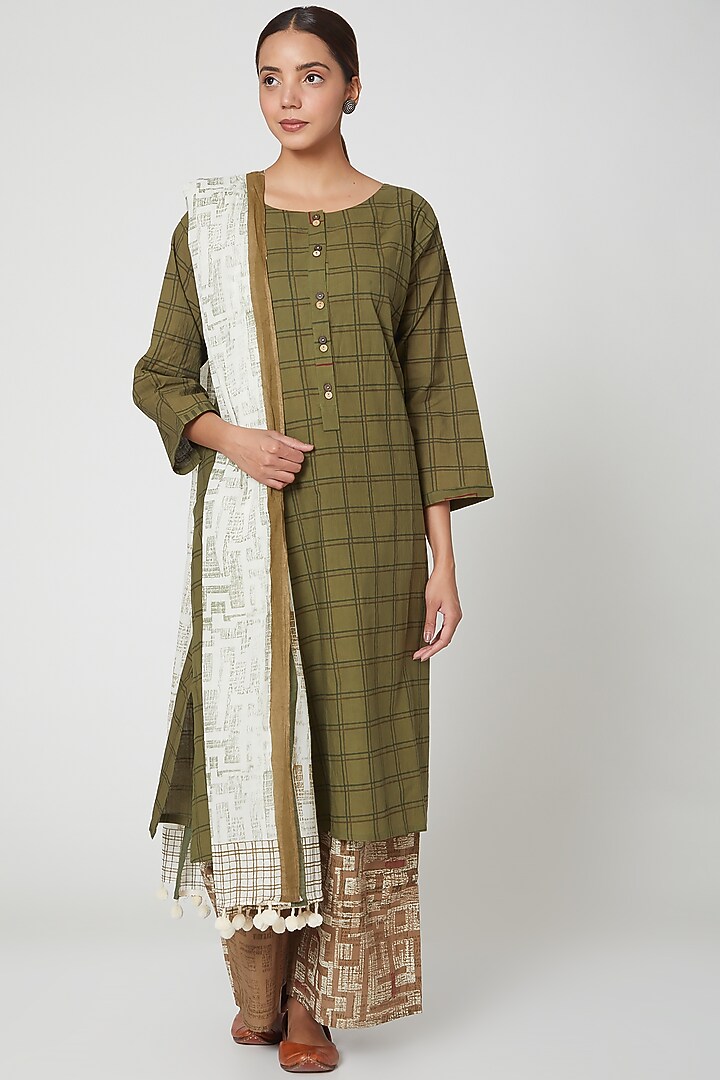 Olive Green & Brown Printed Kurta Set by BANANA Labs at Pernia's Pop Up Shop