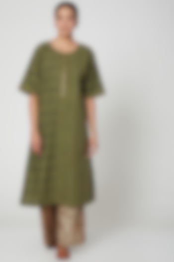 Olive Green & Brown Cotton Handblocked Printed Kurta Set by BANANA Labs at Pernia's Pop Up Shop