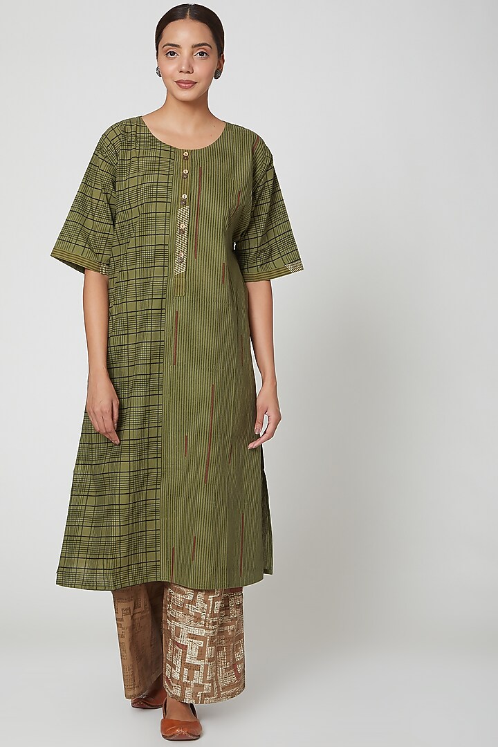 Olive Green & Brown Cotton Handblocked Printed Kurta Set by BANANA Labs at Pernia's Pop Up Shop