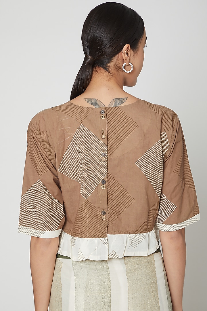 Brown Cotton Handblock Printed Crop Top by BANANA Labs at Pernia's Pop Up Shop
