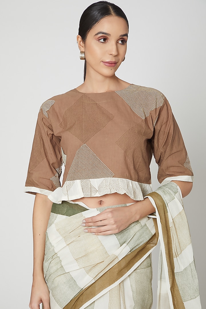 Brown Cotton Handblock Printed Crop Top by BANANA Labs at Pernia's Pop Up Shop