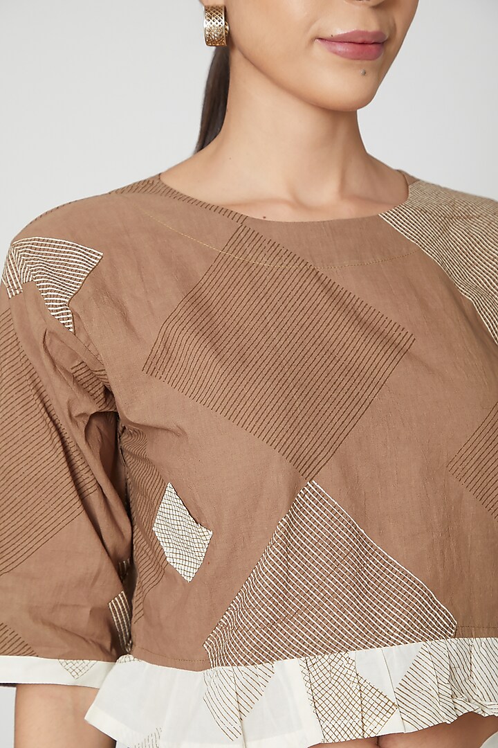 Brown Cotton Handblock Printed Crop Top by BANANA Labs at Pernia's Pop Up Shop