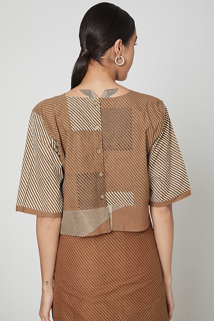 Brown Cotton Geometric Printed Crop Top by BANANA Labs at Pernia's Pop Up Shop