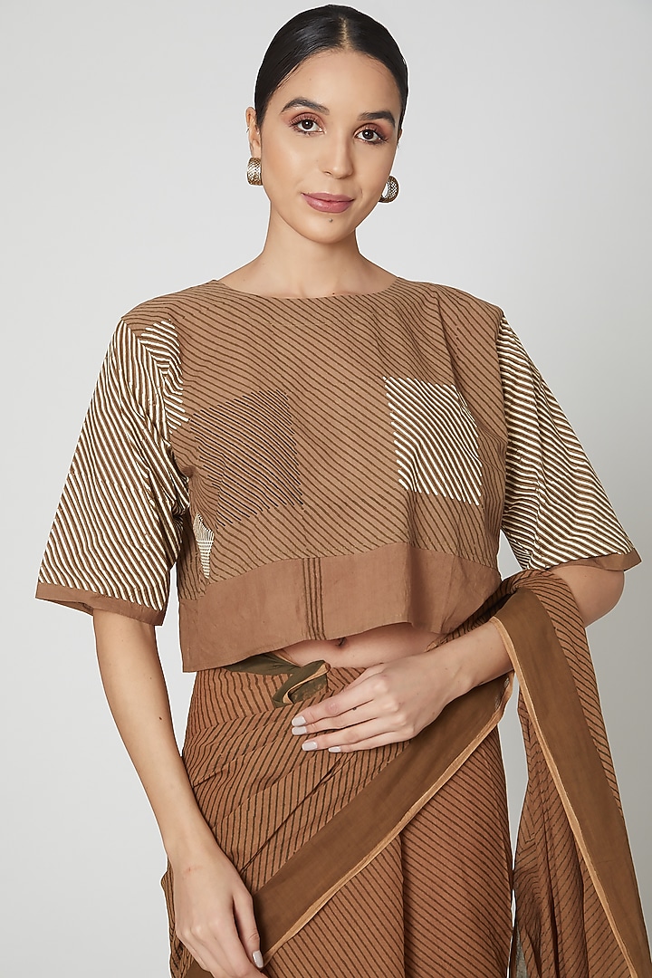 Brown Cotton Geometric Printed Crop Top by BANANA Labs at Pernia's Pop Up Shop
