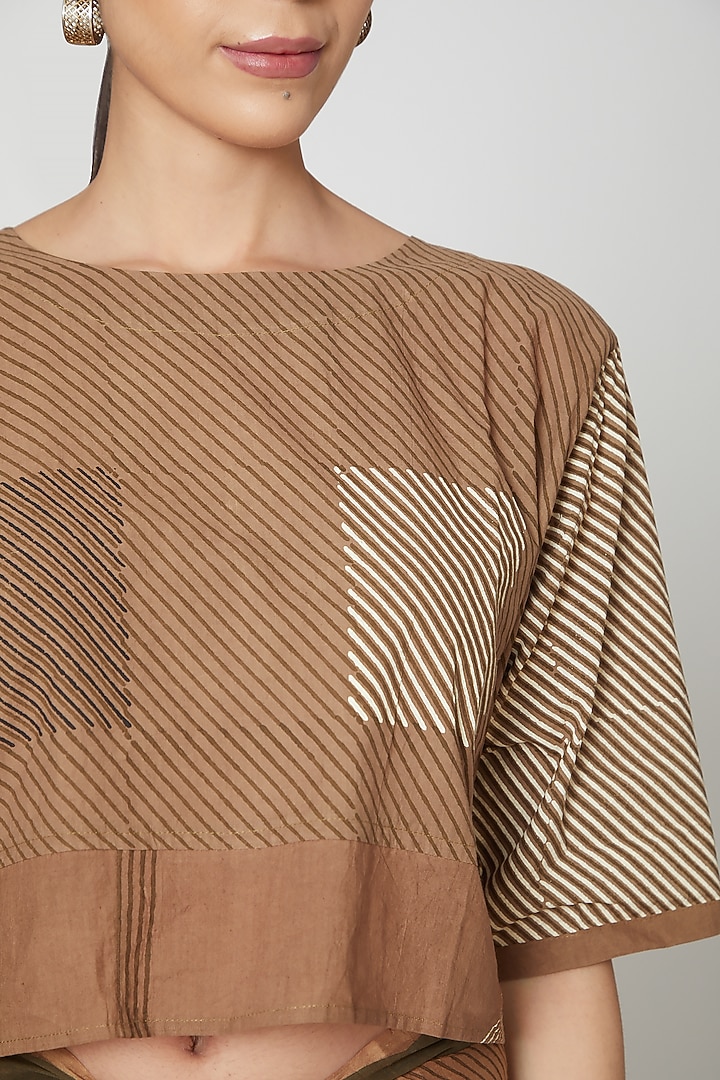 Brown Cotton Geometric Printed Crop Top by BANANA Labs at Pernia's Pop Up Shop