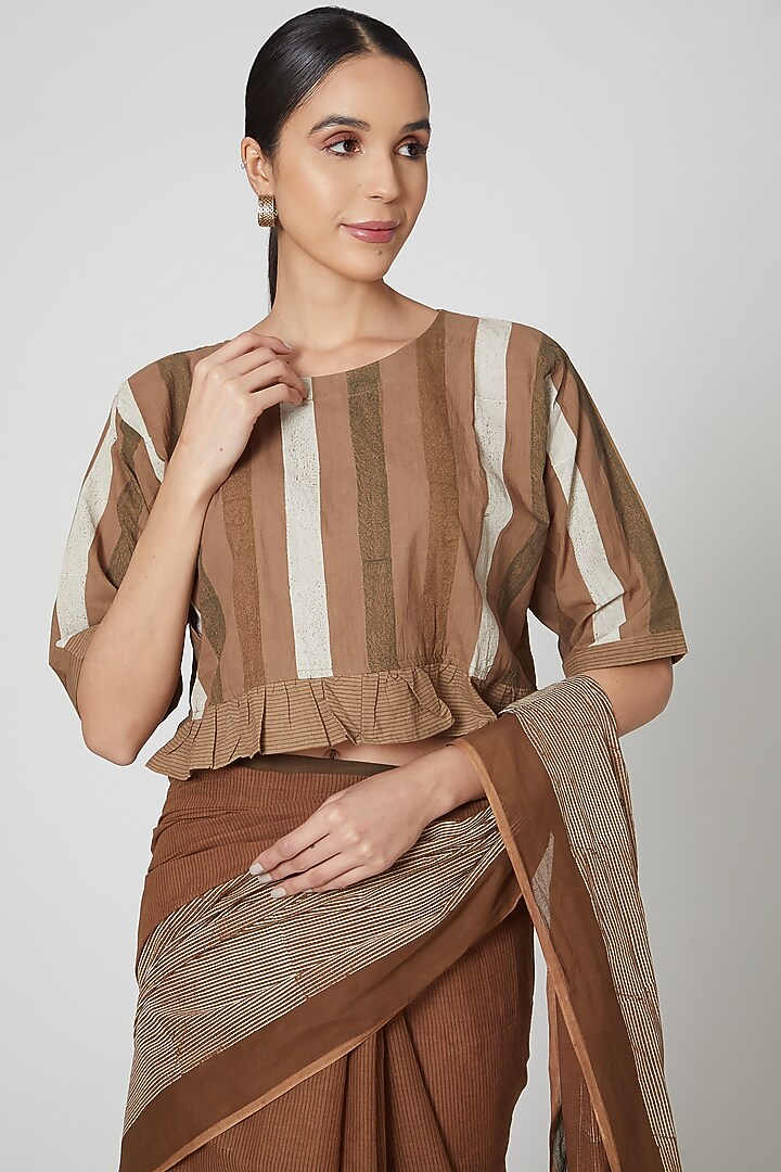 Brown Handblock Printed Crop Top by BANANA Labs at Pernia's Pop Up Shop