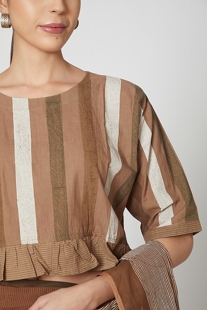 Brown Handblock Printed Crop Top by BANANA Labs at Pernia's Pop Up Shop