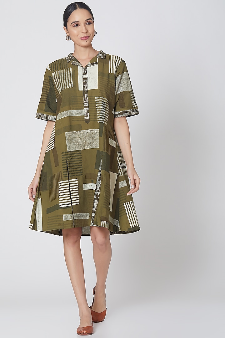 Olive Green Printed Summer Dress by BANANA Labs at Pernia's Pop Up Shop