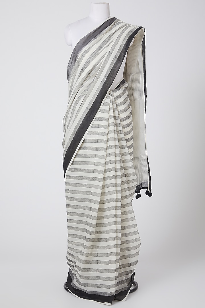 White & Grey Printed Saree by BANANA Labs