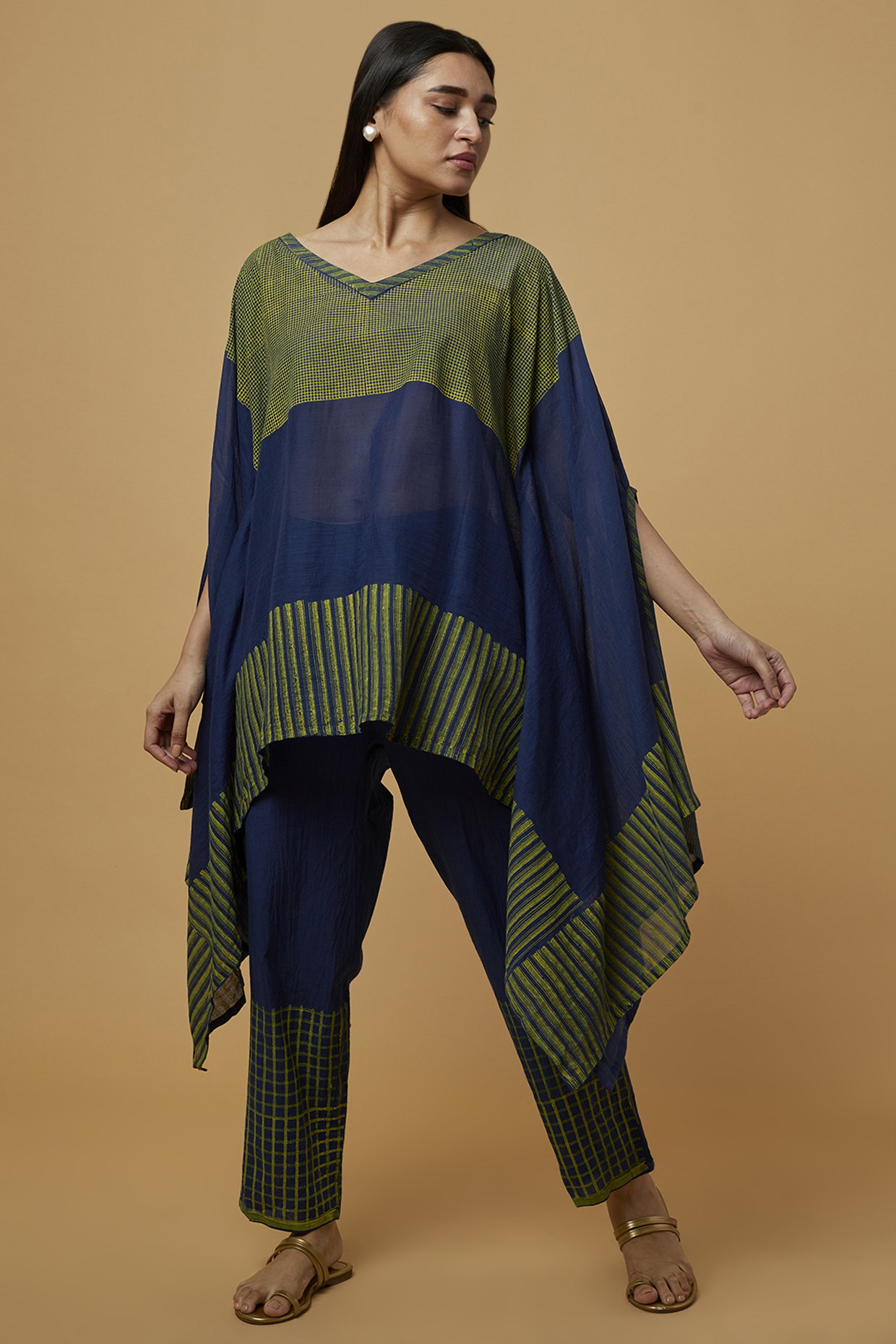 Navy Blue Block Printed Pants by SilkWaves