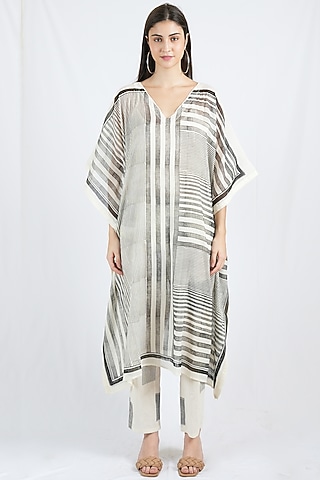 White Cotton Mul Geometric Printed Kaftan Set by BANANA Labs
