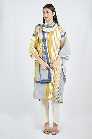 Blue & Yellow Cotton Mul Geometric Printed Kaftan Set by BANANA Labs